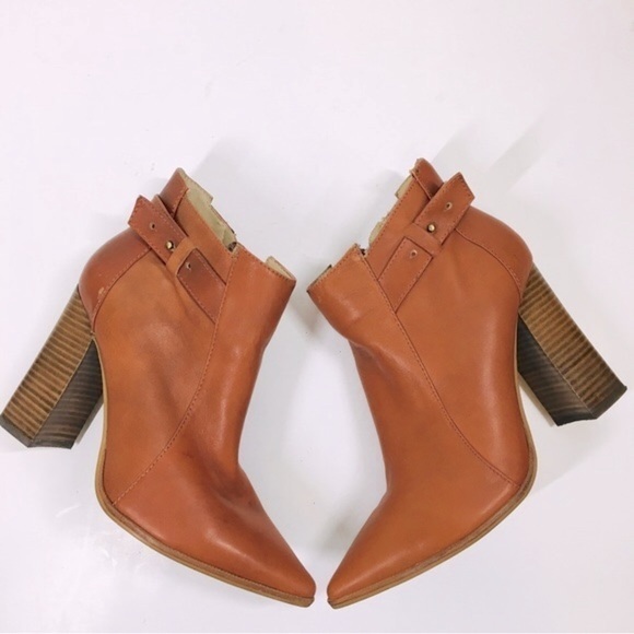 Steven Steve Madden Klick Cognac Leather Pointed Toe Block High Heel Ankle Boots - Picture 9 of 15